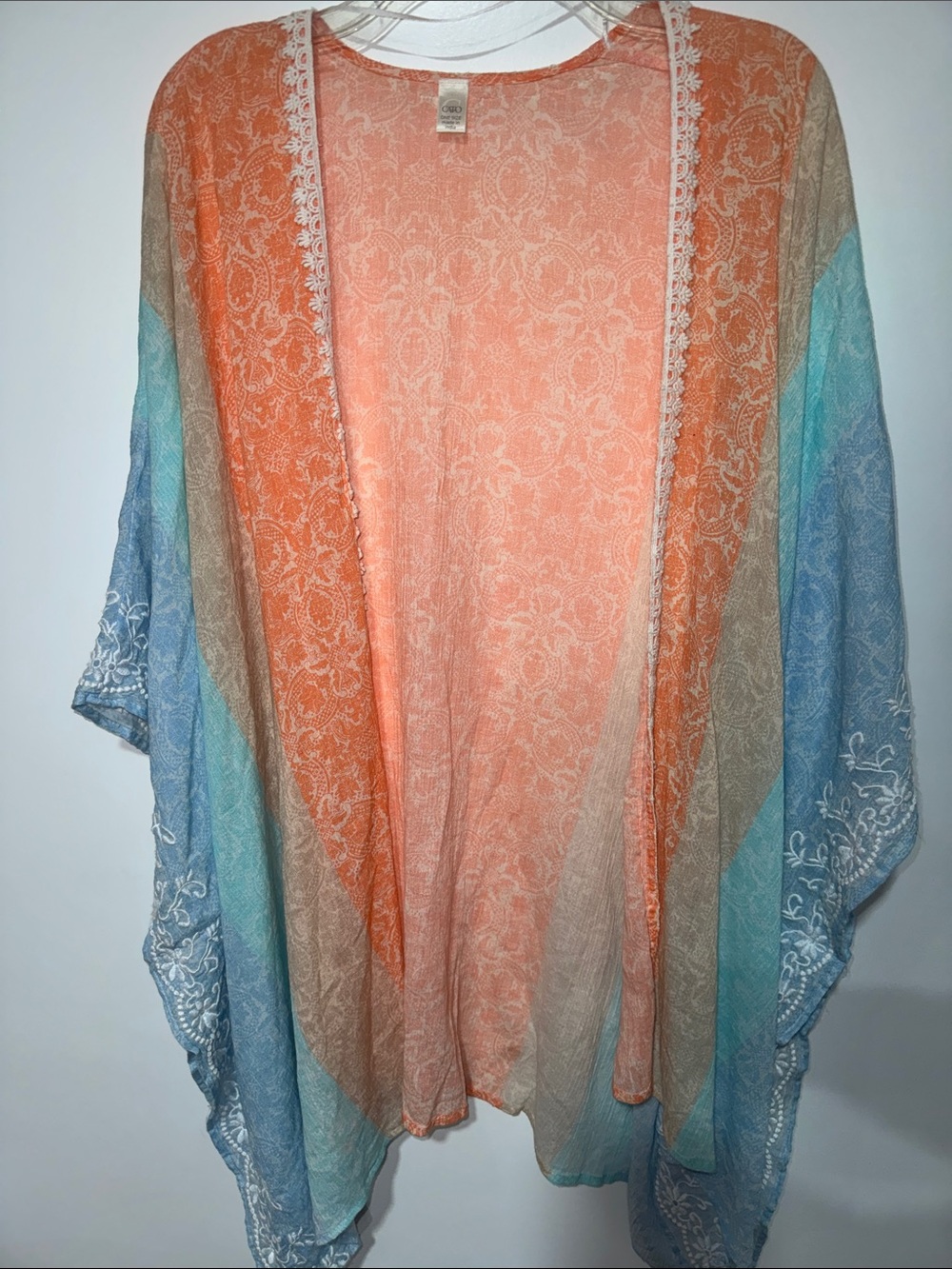 Cato Coral Teal Blue Ombre Lace-Trim Kimono